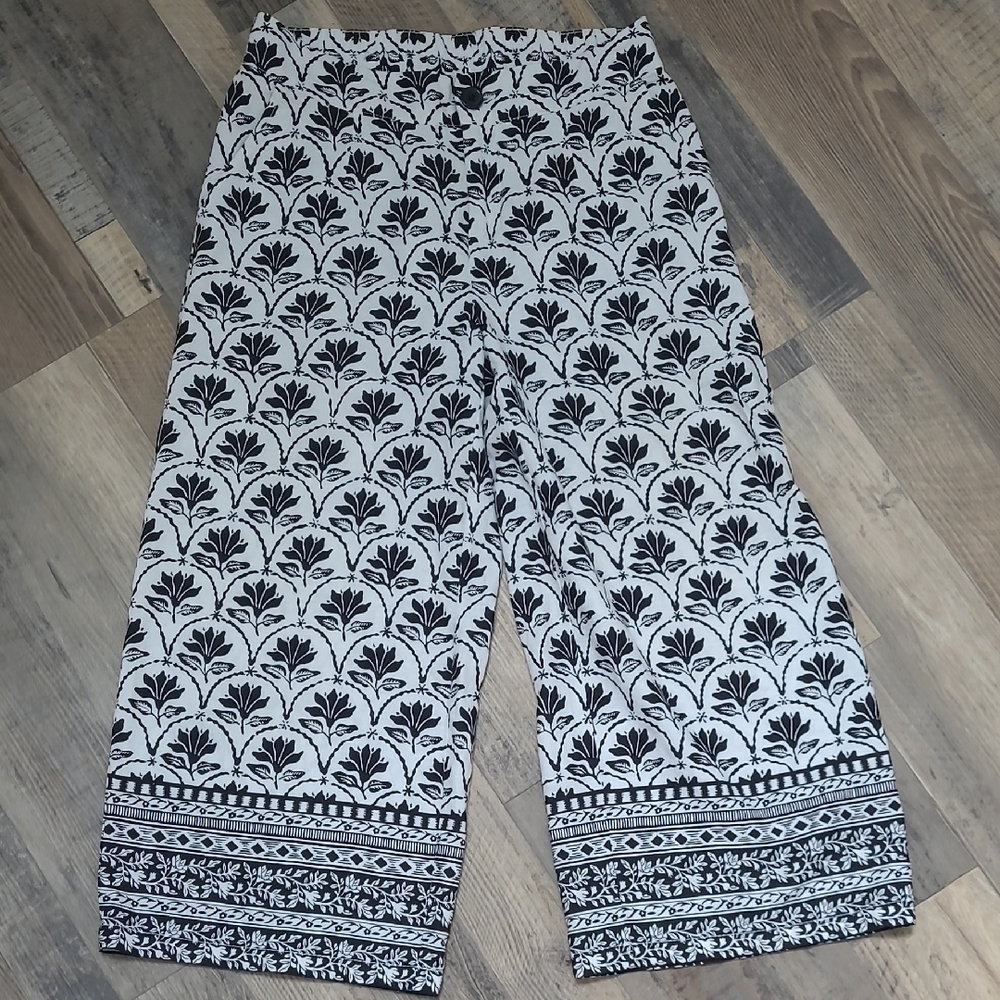 Black White Wide Leg Linen Cato Printed Pants Size Small, Summer Resort Vacay